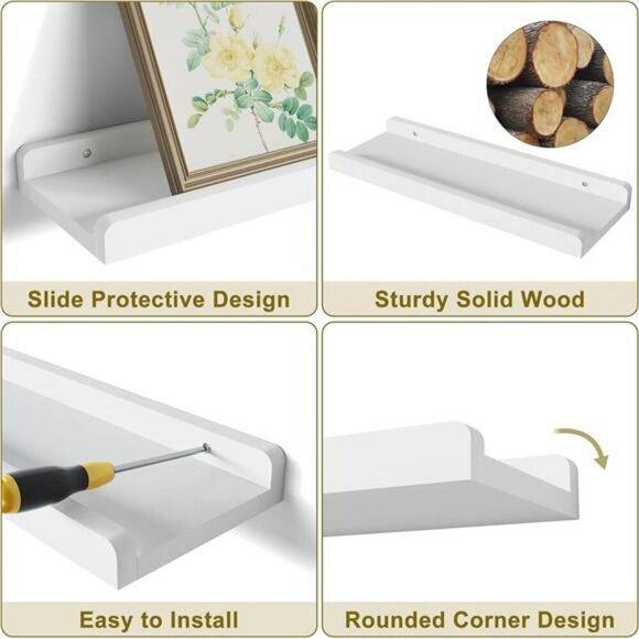 White Floating Wall Shelves Set of 4 Wood Hanging Display Shelf 15 Inch - Picture 6 of 7